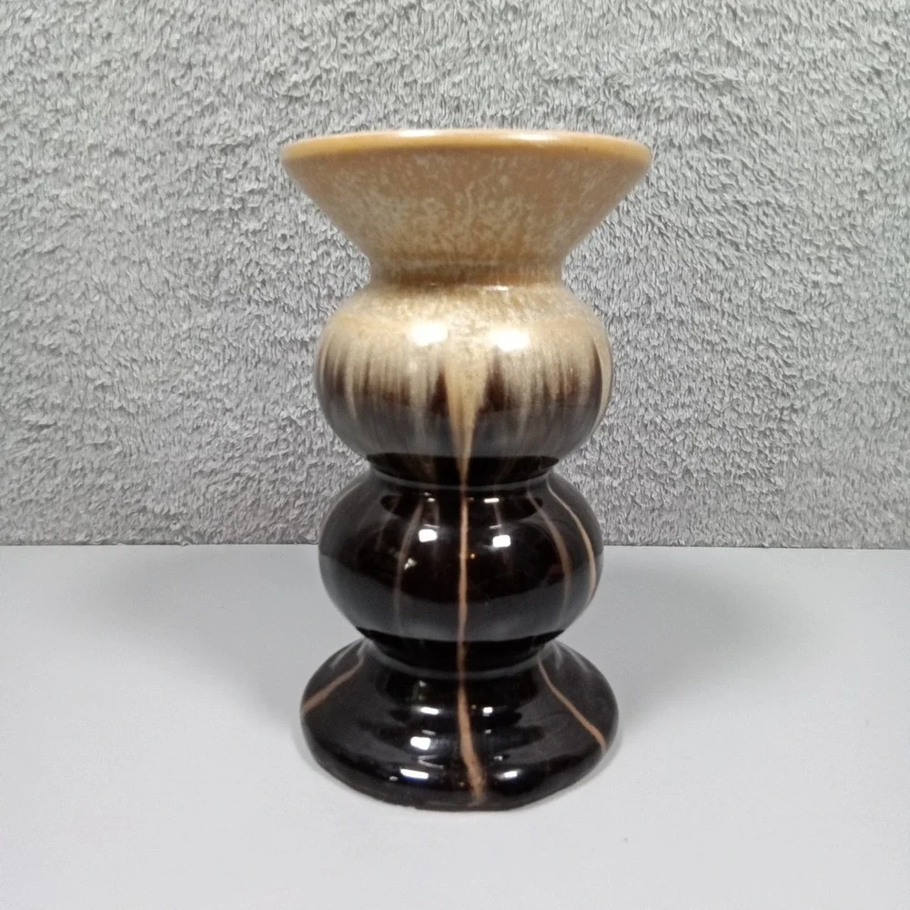 Vintage Style Brown Tan Drip‎ Glaze Ceramic Triple Bulbous Pillar Candle Holder